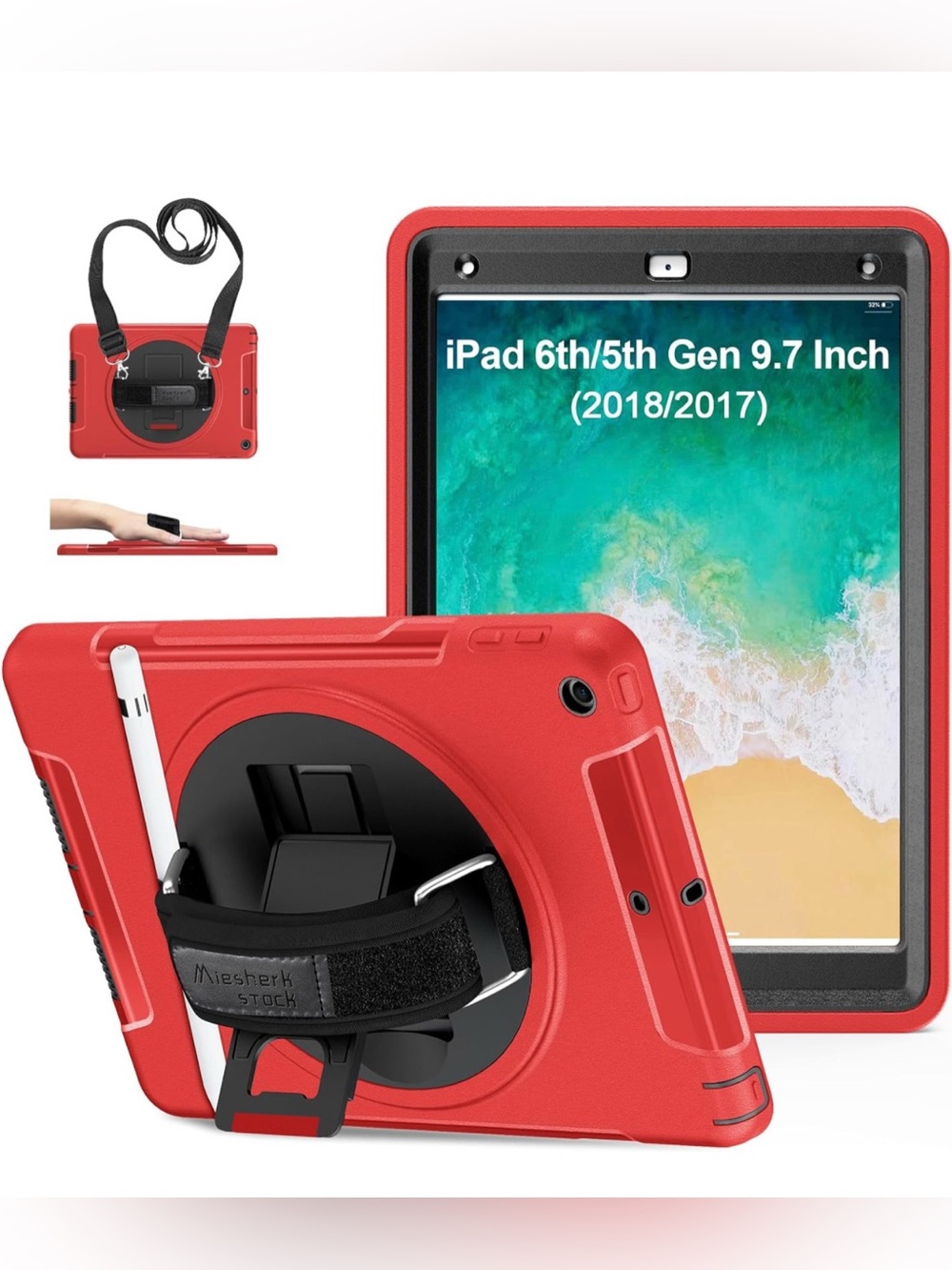 Rugged Red Tablet Case with Rotating Hand Strap for iPad 9.7" (5th/6th Gen)